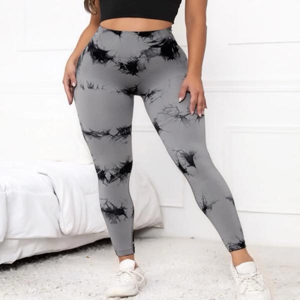 Women's Gray Tie-Dye Hidden Scrunch Leggings, High-Waist Sports Yoga Pants